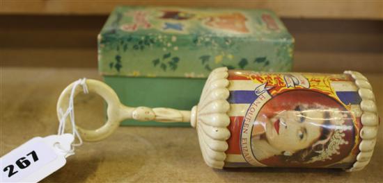 Box of Cussons soap in form of deer & Coronation rattle